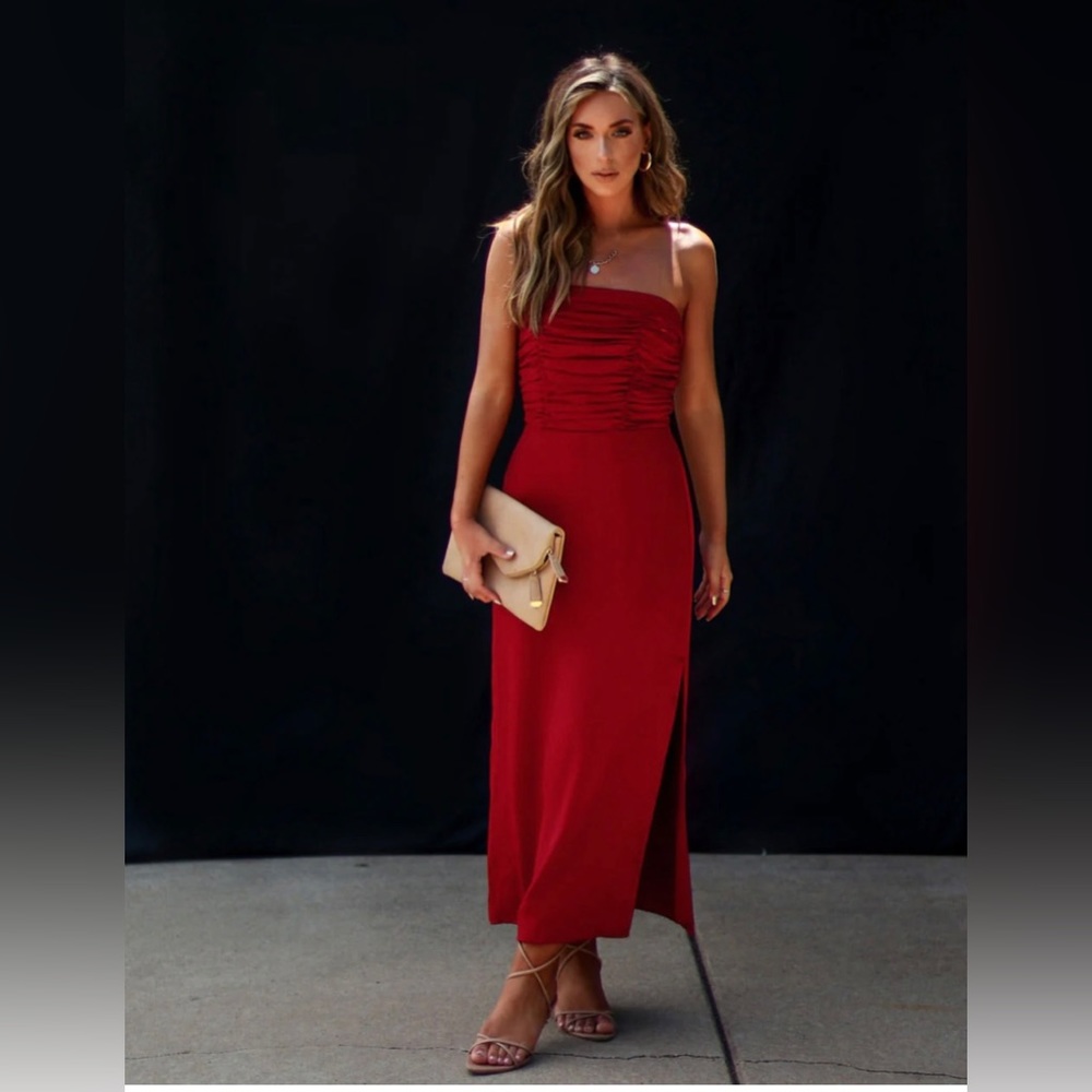 Vici satin ruched midi dress